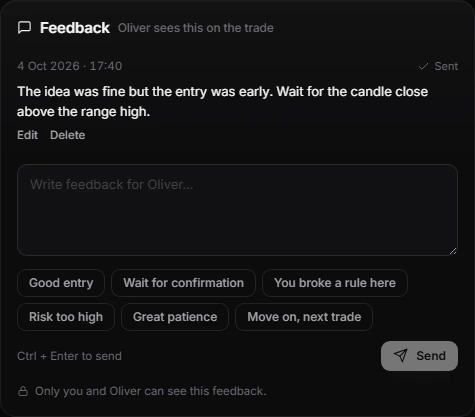 Feedback box on a student trade with quick phrases