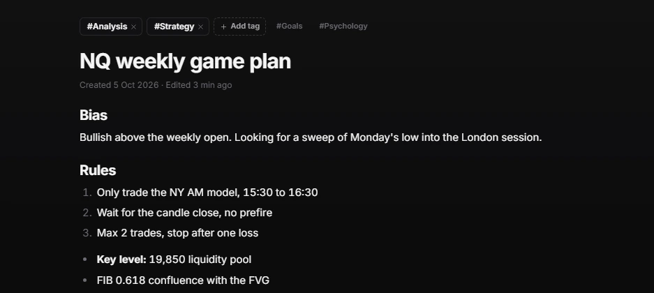 Notebook with a weekly game plan